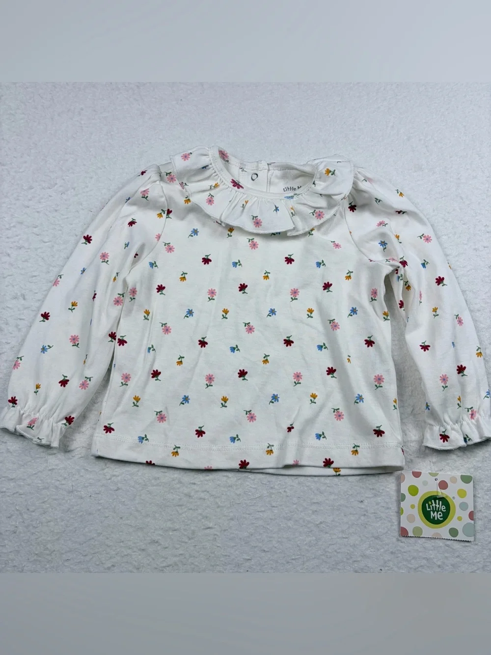 NWT Little Me White Long-Sleeve Ruffle Collar Floral Tee 18M